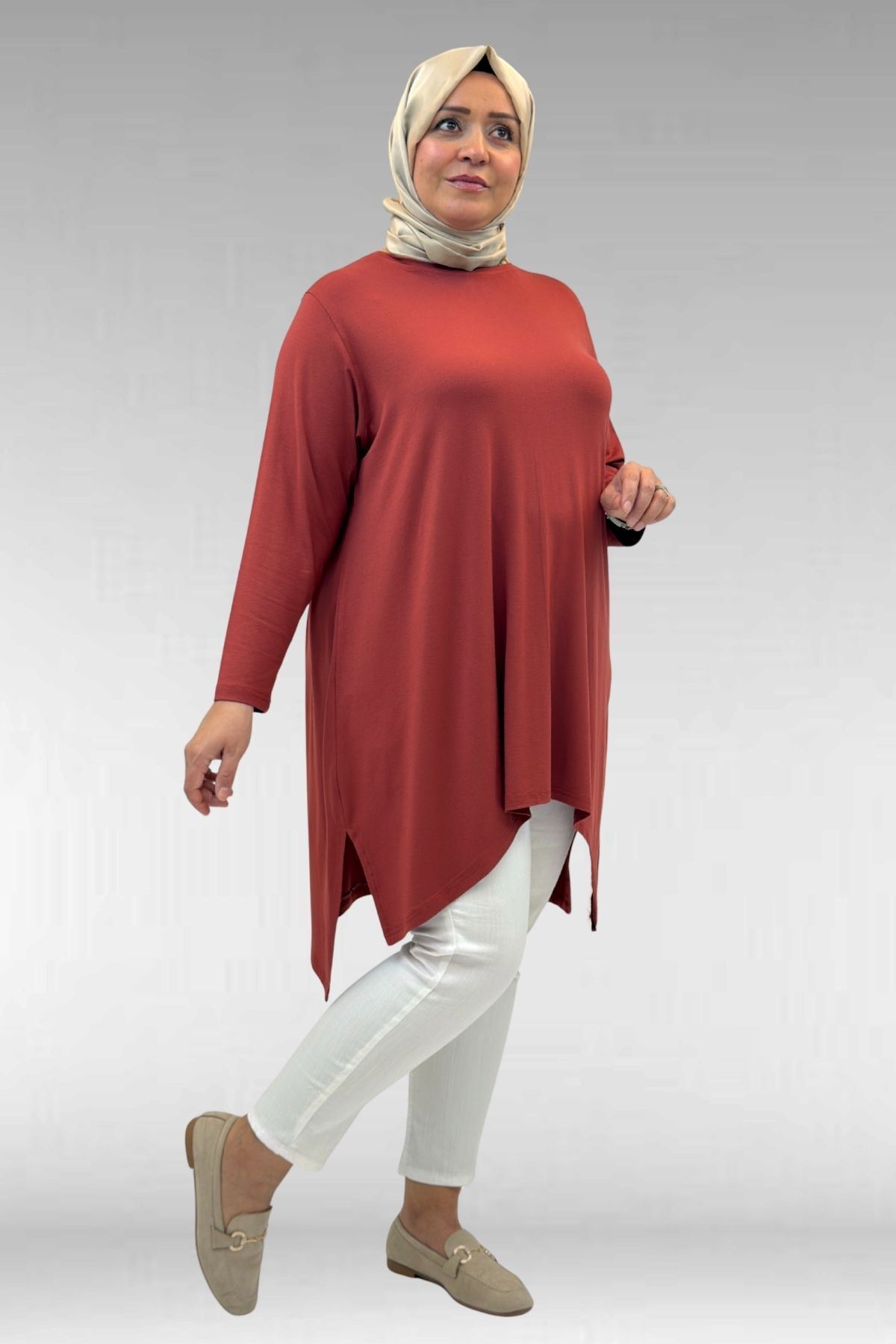 58070 Büyük Beden Asimetrik Kesim Penye Tunik - Kiremit