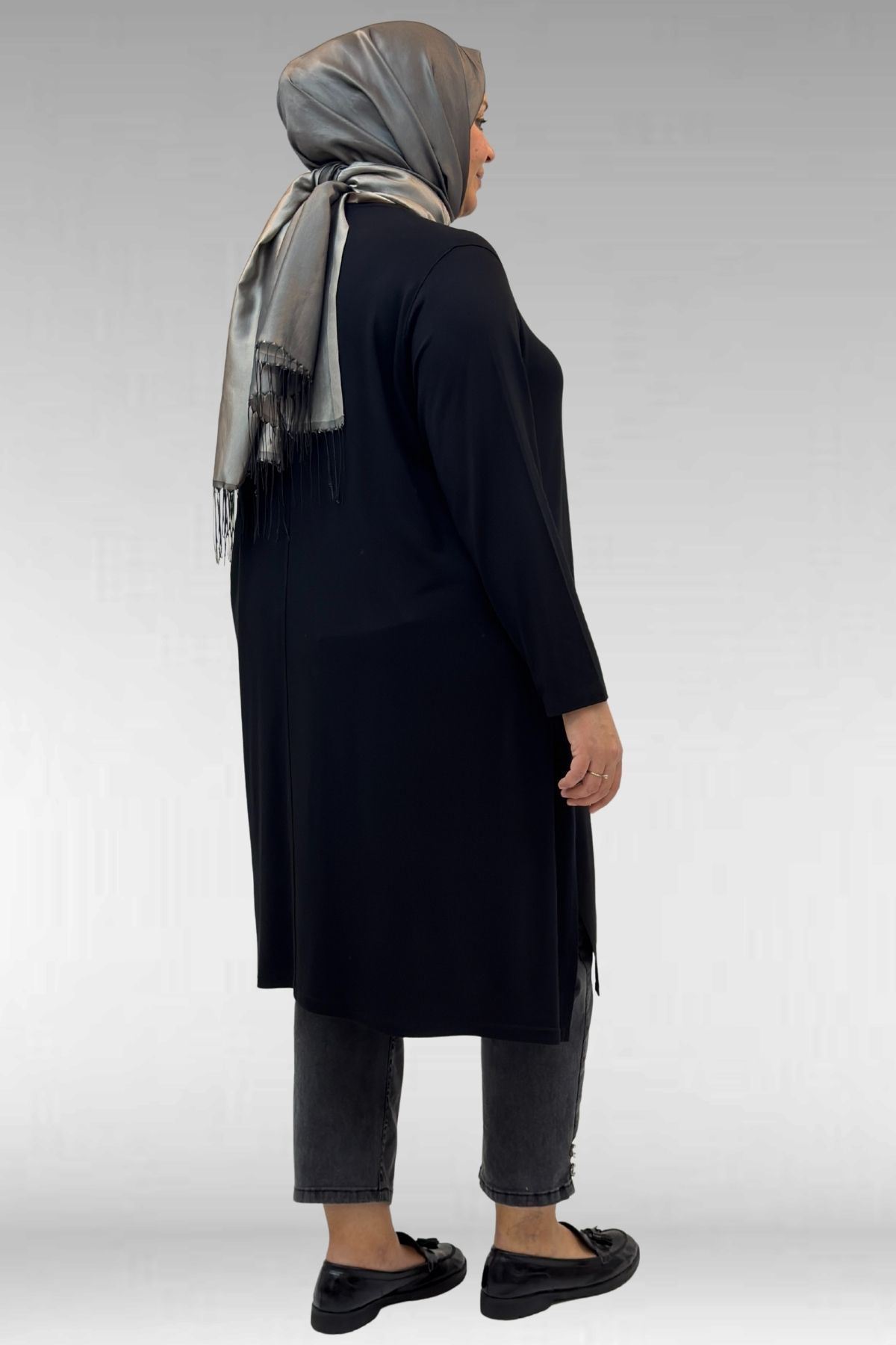 58070 Büyük Beden Asimetrik Kesim Penye Tunik - Siyah