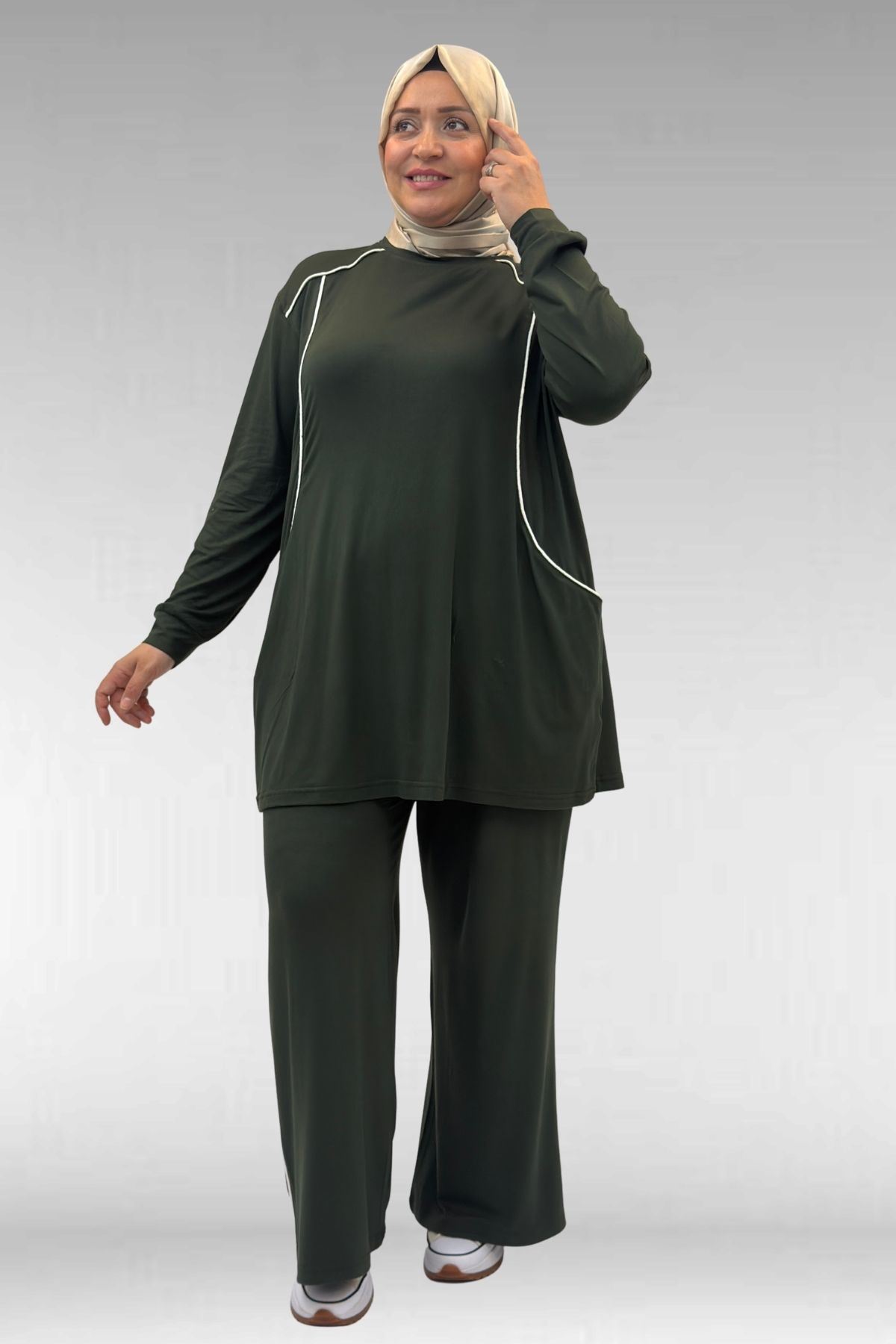 67012 Büyük Beden Biye Detaylı Penye Pantolonlu Takım - Haki