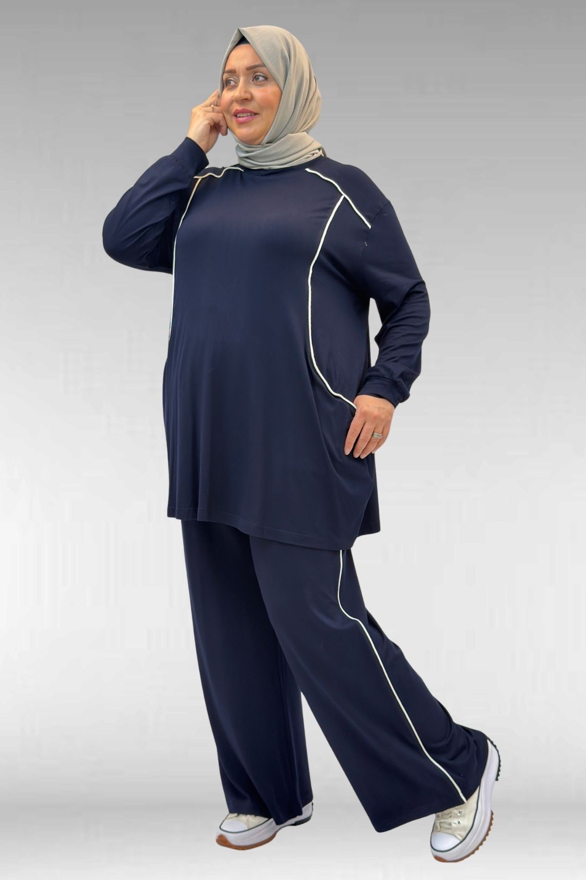 67012 Büyük Beden Biye Detaylı Penye Pantolonlu Takım - Lacivert