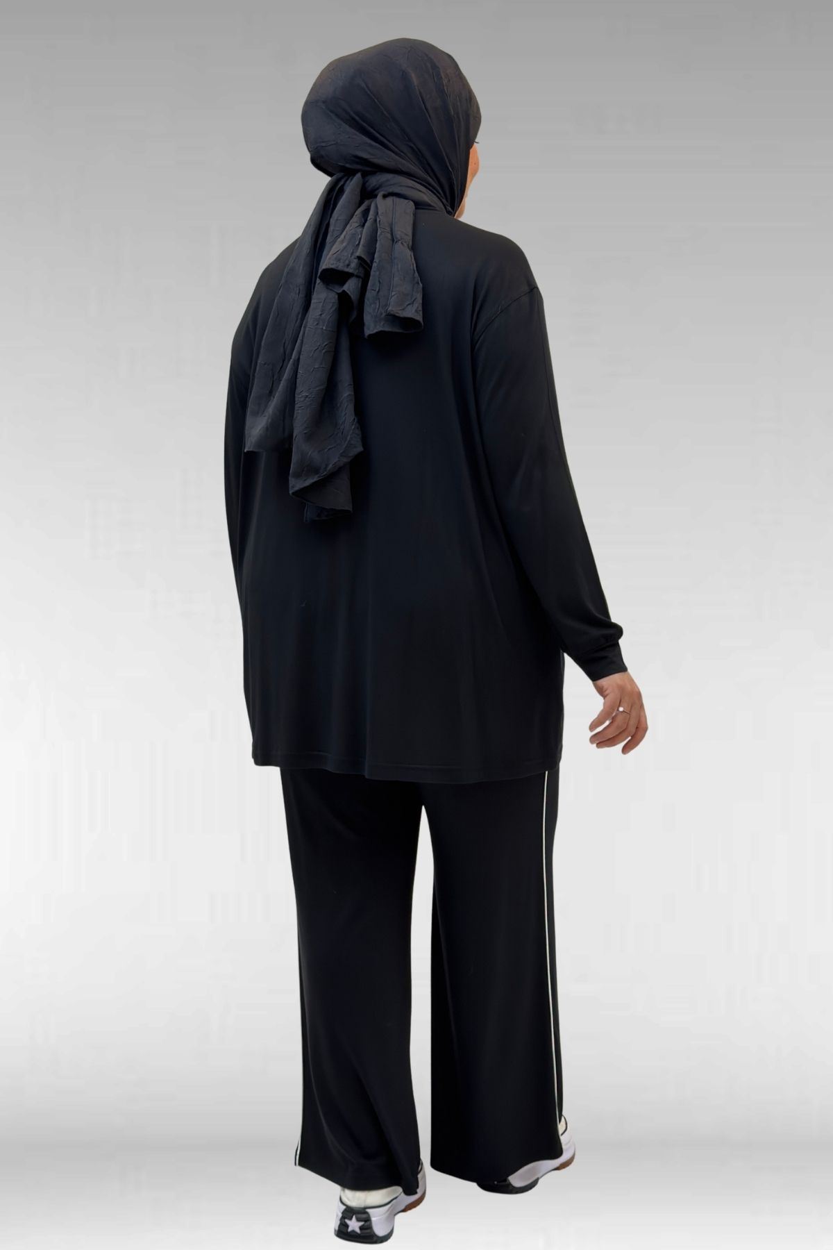 67012 Büyük Beden Biye Detaylı Penye Pantolonlu Takım - Siyah