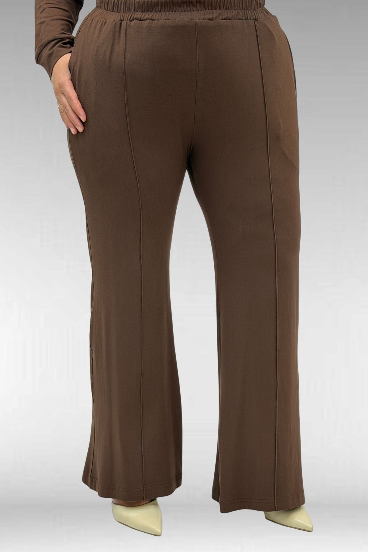 67021 Büyük Beden Taş Baskı Detaylı Parçalı Pantolonlu Takım - Kahve