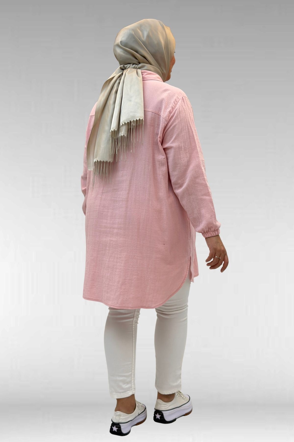 58091 Büyük Beden Kolları Lastikli Müslin Gömlek - Şeker Pembesi