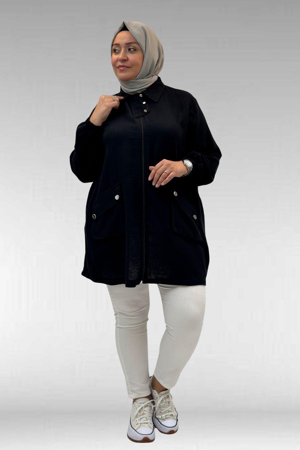 63001 Büyük Beden Cep Ve Patı Çıtçıt Detaylı Müslin Ceket - Siyah