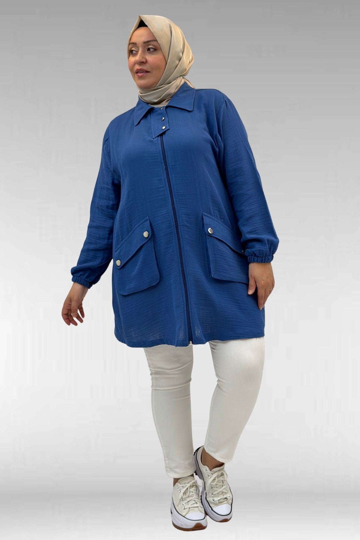 63001 Büyük Beden Cep Ve Patı Çıtçıt Detaylı Müslin Ceket - İndigo
