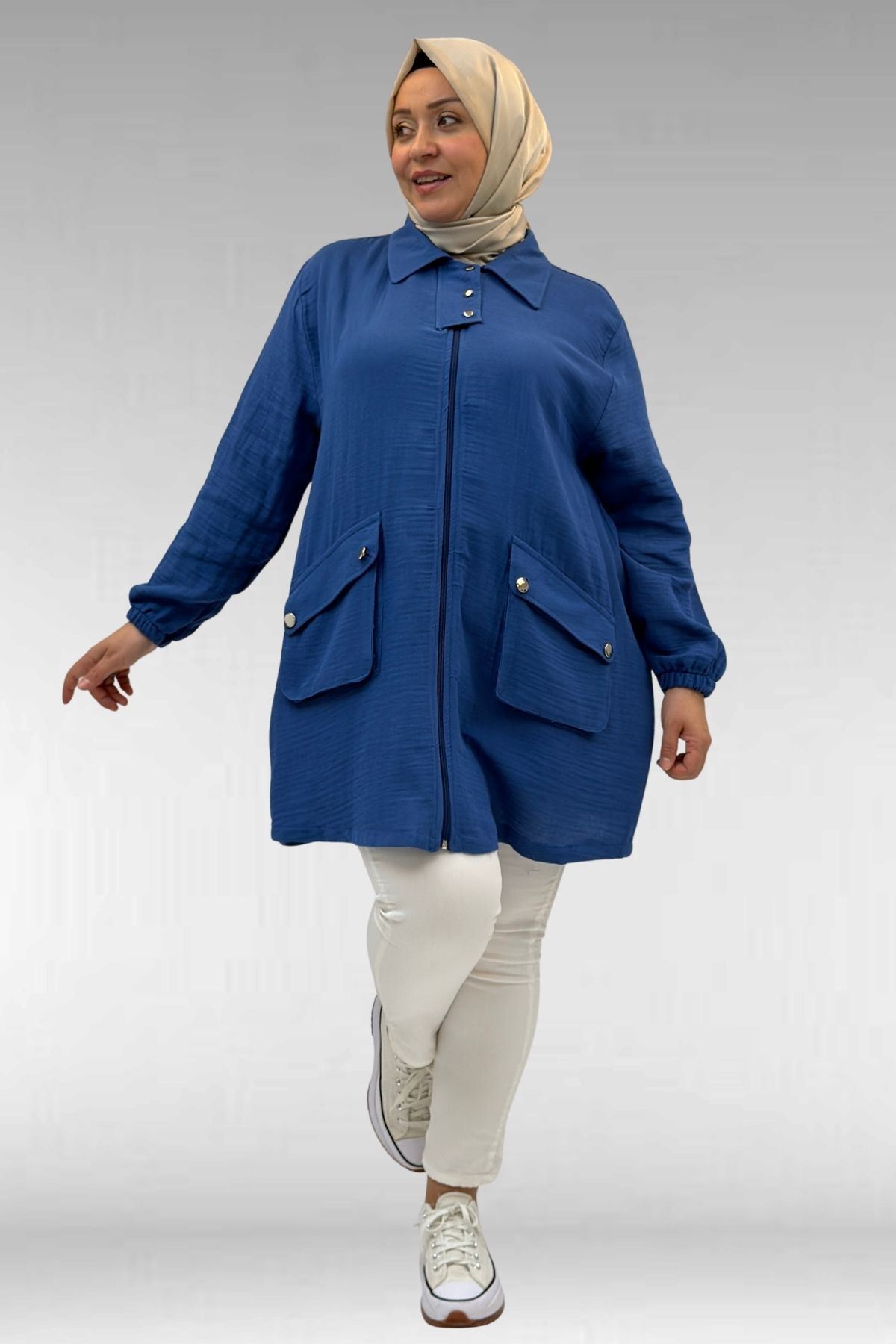 63001 Büyük Beden Cep Ve Patı Çıtçıt Detaylı Müslin Ceket - İndigo