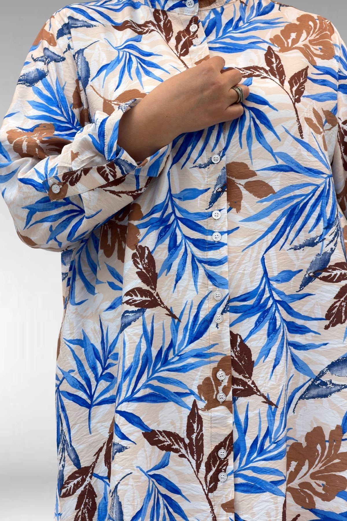 68014 Büyük Beden Hakimyaka Çift Düğmeli Mango Tunik - Desenli Haki