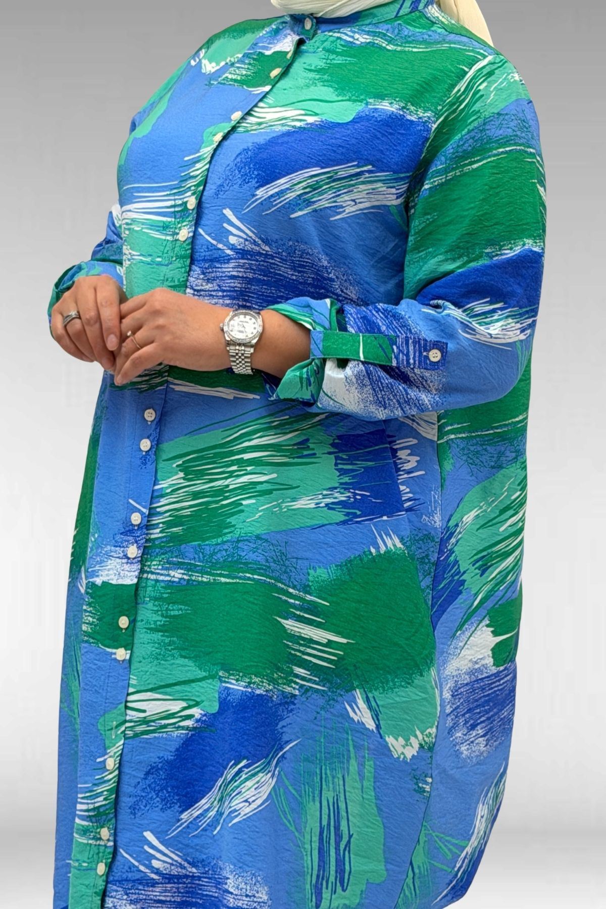 68014 Büyük Beden Hakimyaka Çift Düğmeli Mango Tunik - Desenli Mavi