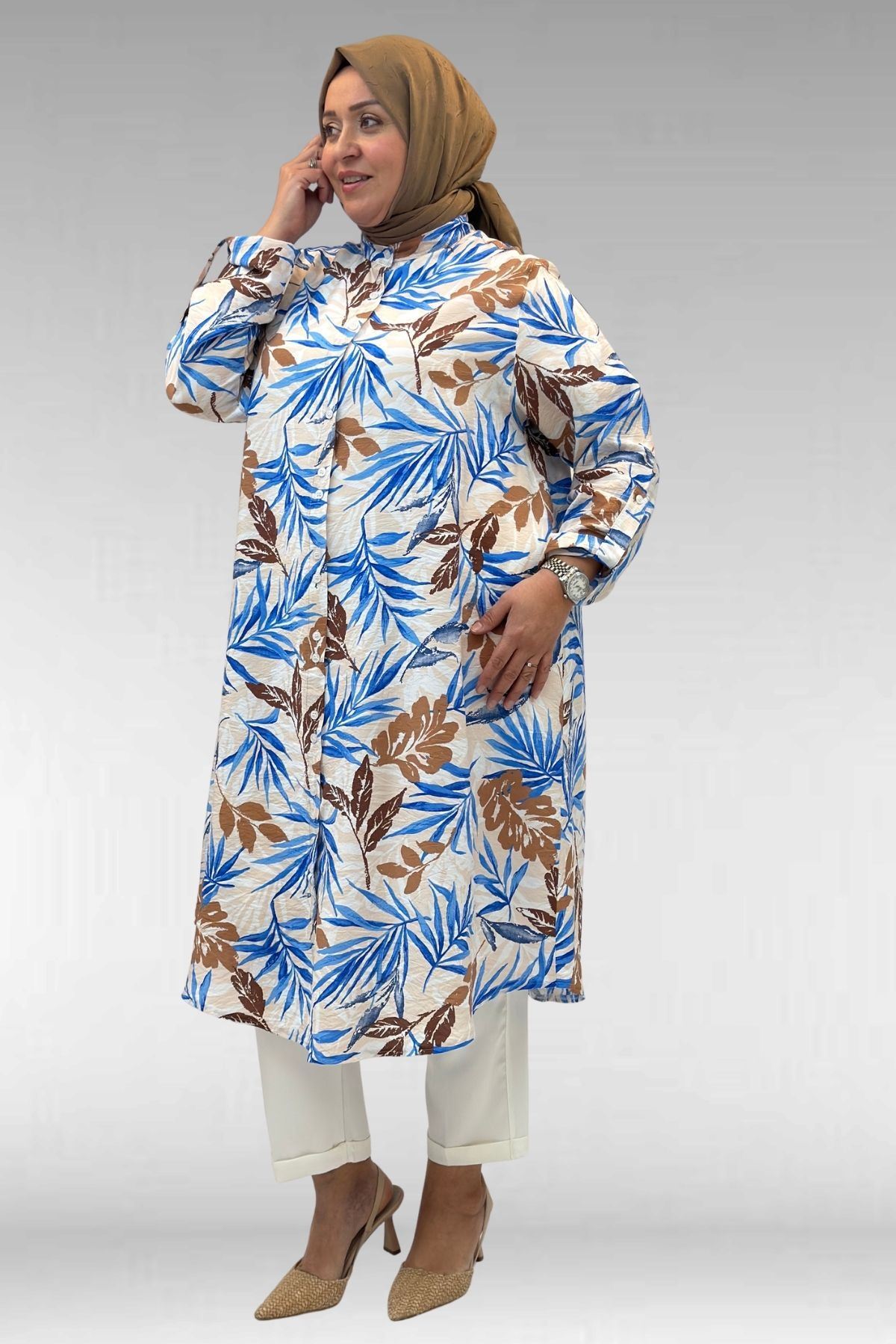 68014 Büyük Beden Hakimyaka Çift Düğmeli Mango Tunik - Desenli Haki