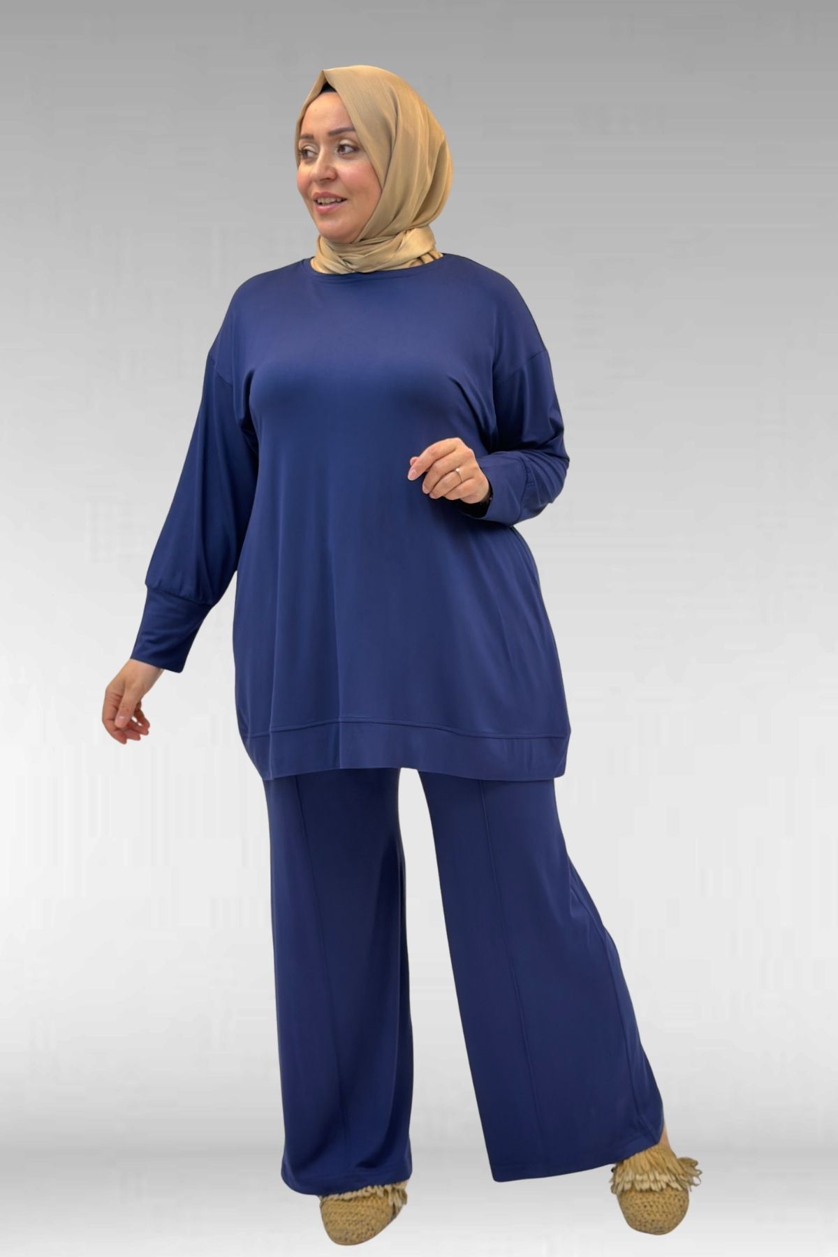 67007 Büyük Beden Kol Ve Etek Ucu Kendinden Ribanalı Pantolonlu Takım - İndigo