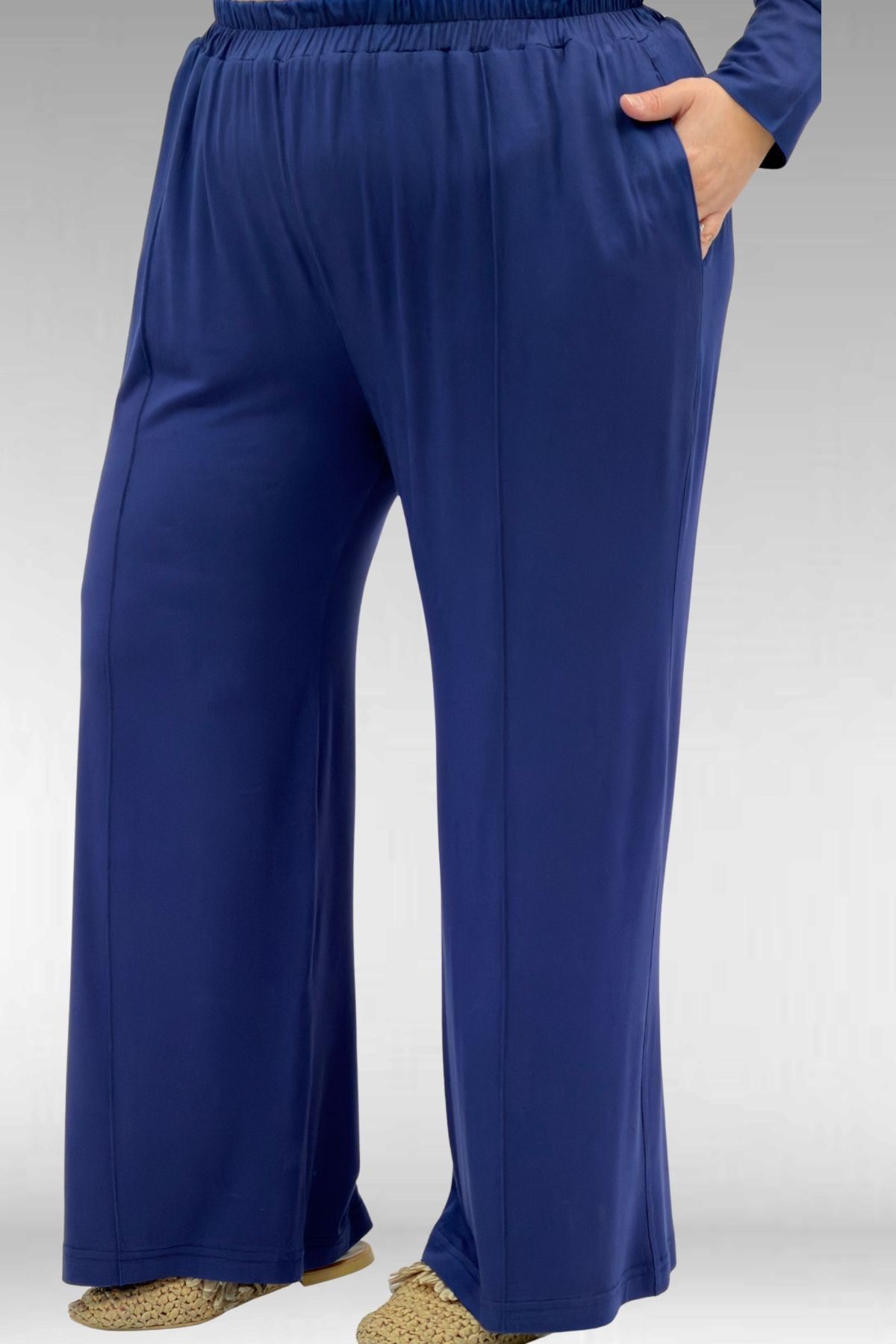 67007 Büyük Beden Kol Ve Etek Ucu Kendinden Ribanalı Pantolonlu Takım - İndigo