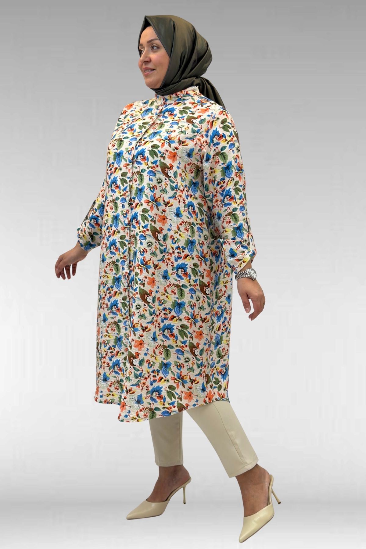 68014 Büyük Beden Hakimyaka Çift Düğmeli Mango Tunik - Desenli Taş