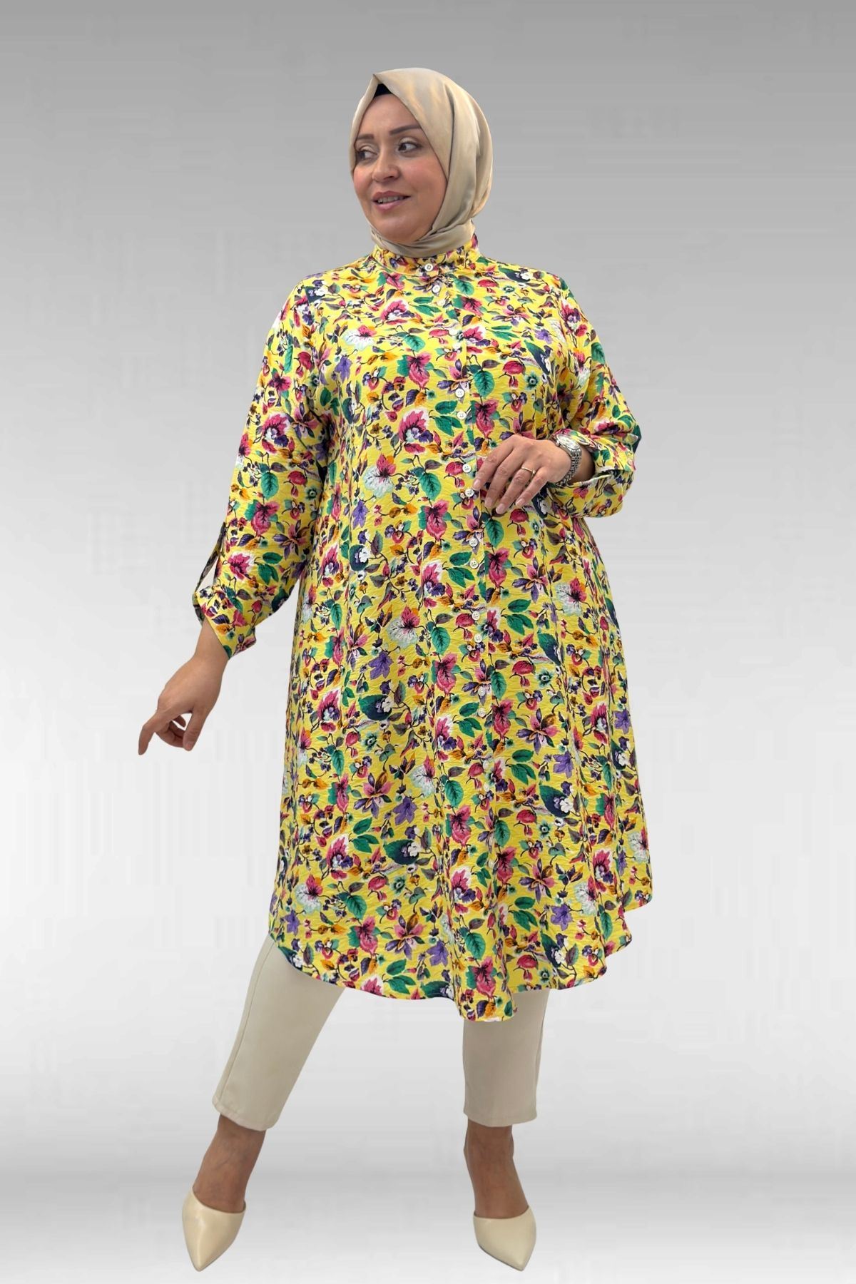 68014 Büyük Beden Hakimyaka Çift Düğmeli Mango Tunik - Desenli Sarı