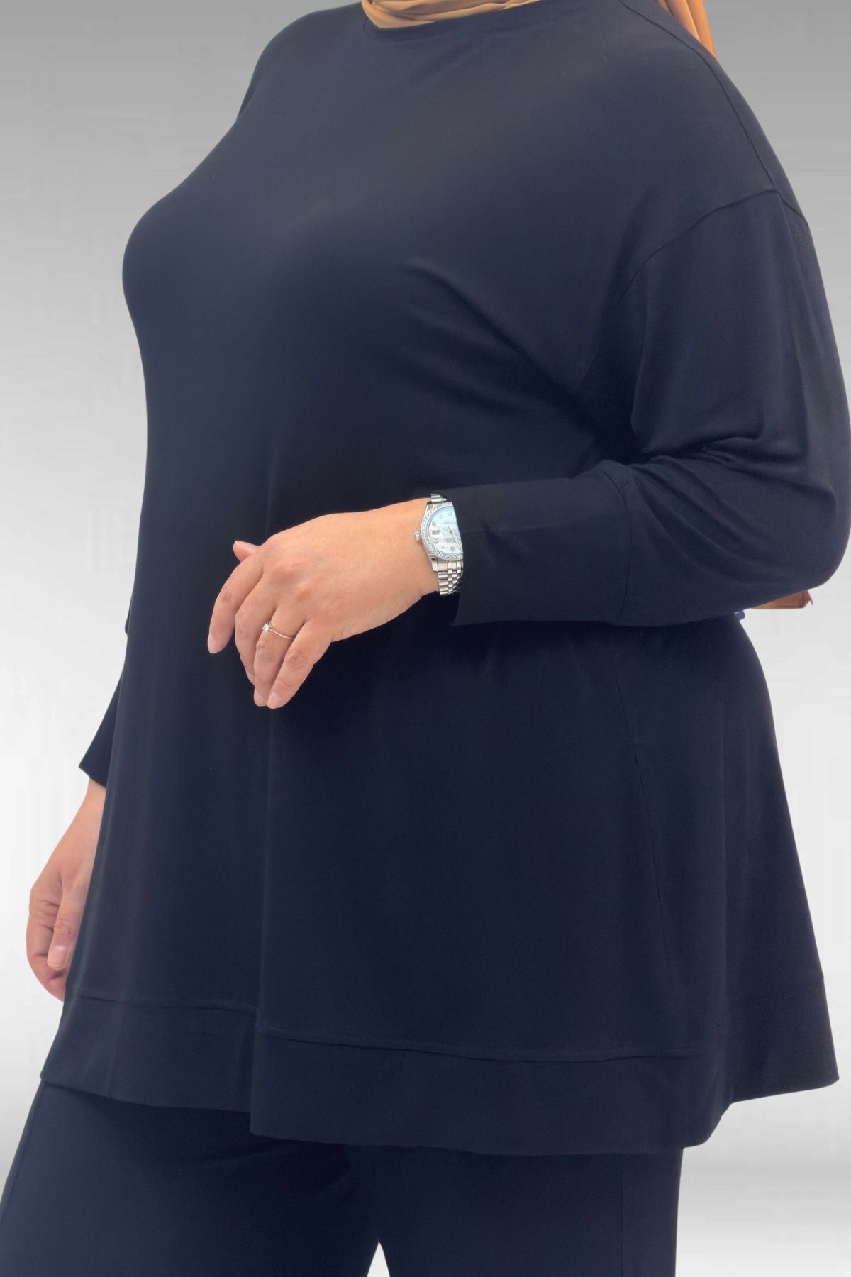 67007 Büyük Beden Kol Ve Etek Ucu Kendinden Ribanalı Pantolonlu Takım - Siyah