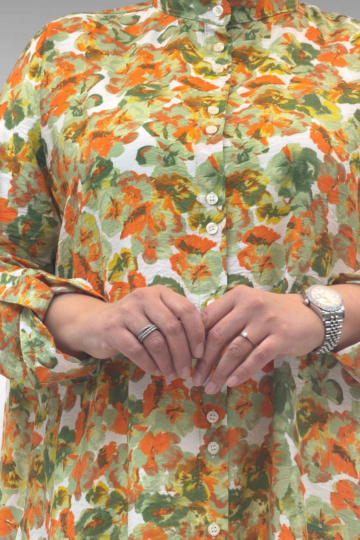 68014 Büyük Beden Hakimyaka Çift Düğmeli Mango Tunik - Çiçek Desen Yeşil