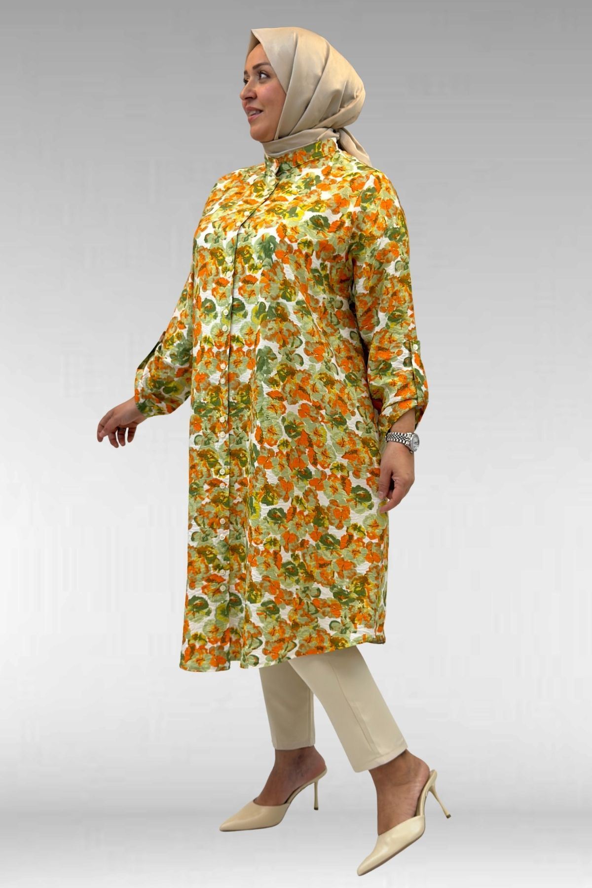 68014 Büyük Beden Hakimyaka Çift Düğmeli Mango Tunik - Çiçek Desen Yeşil