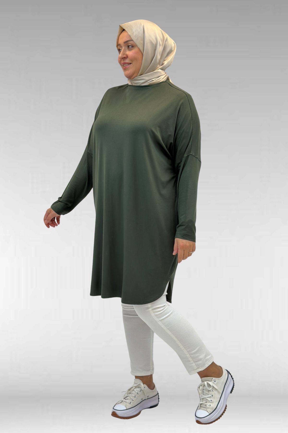 38111 Büyük Beden Basic Penye Tunik - Haki