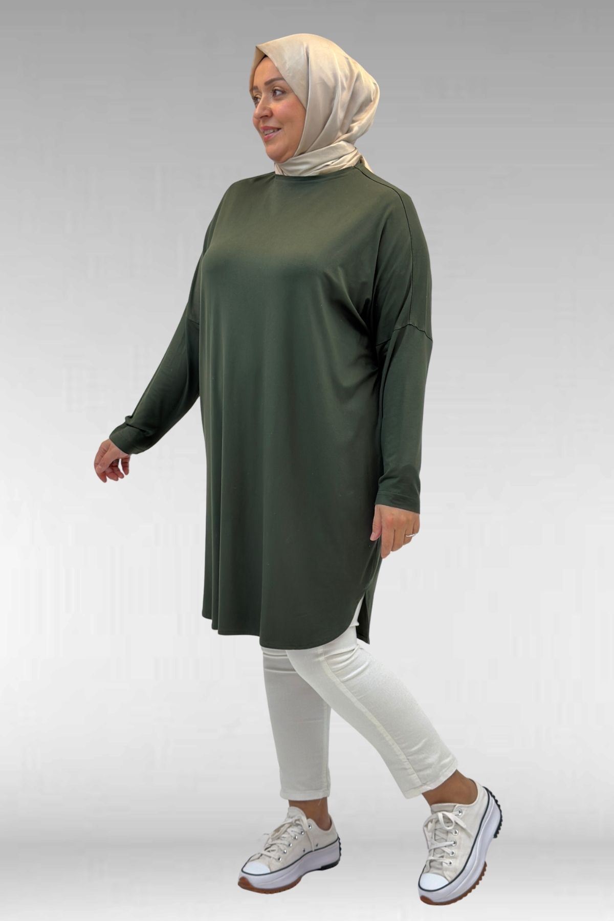38111 Büyük Beden Basic Penye Tunik - Haki