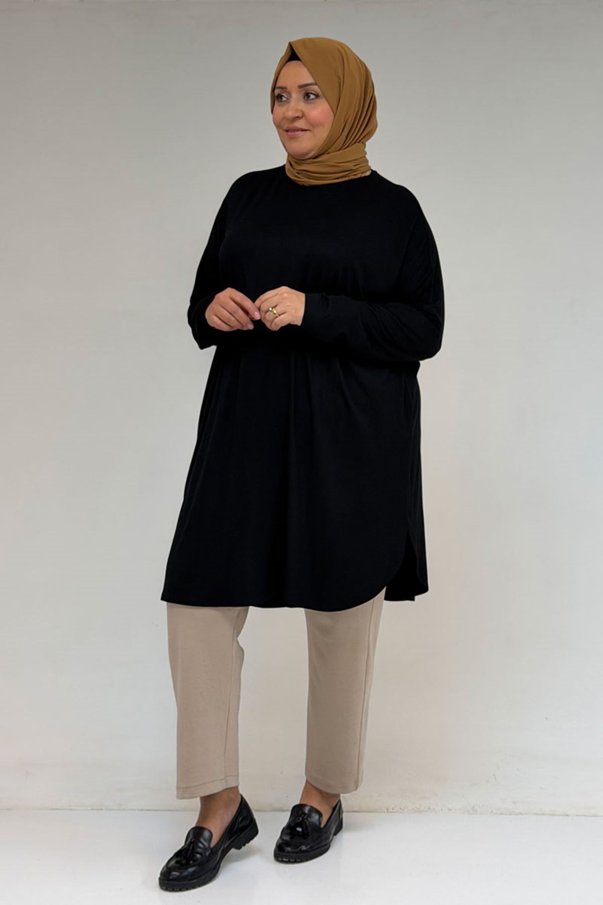 38111 Büyük Beden Basic Penye Tunik - Siyah