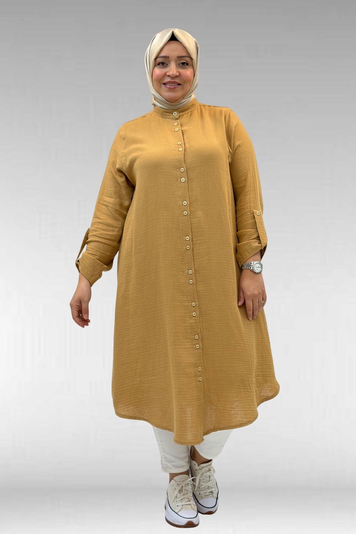 58092 Büyük Beden Çift Düğme Detaylı Müslin Gömlek - Bisküvi