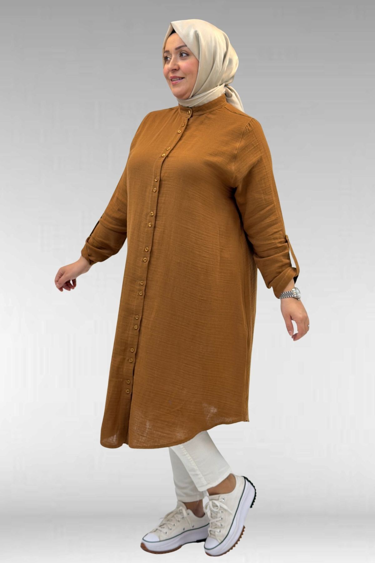 58092 Büyük Beden Çift Düğme Detaylı Müslin Gömlek - Kahve