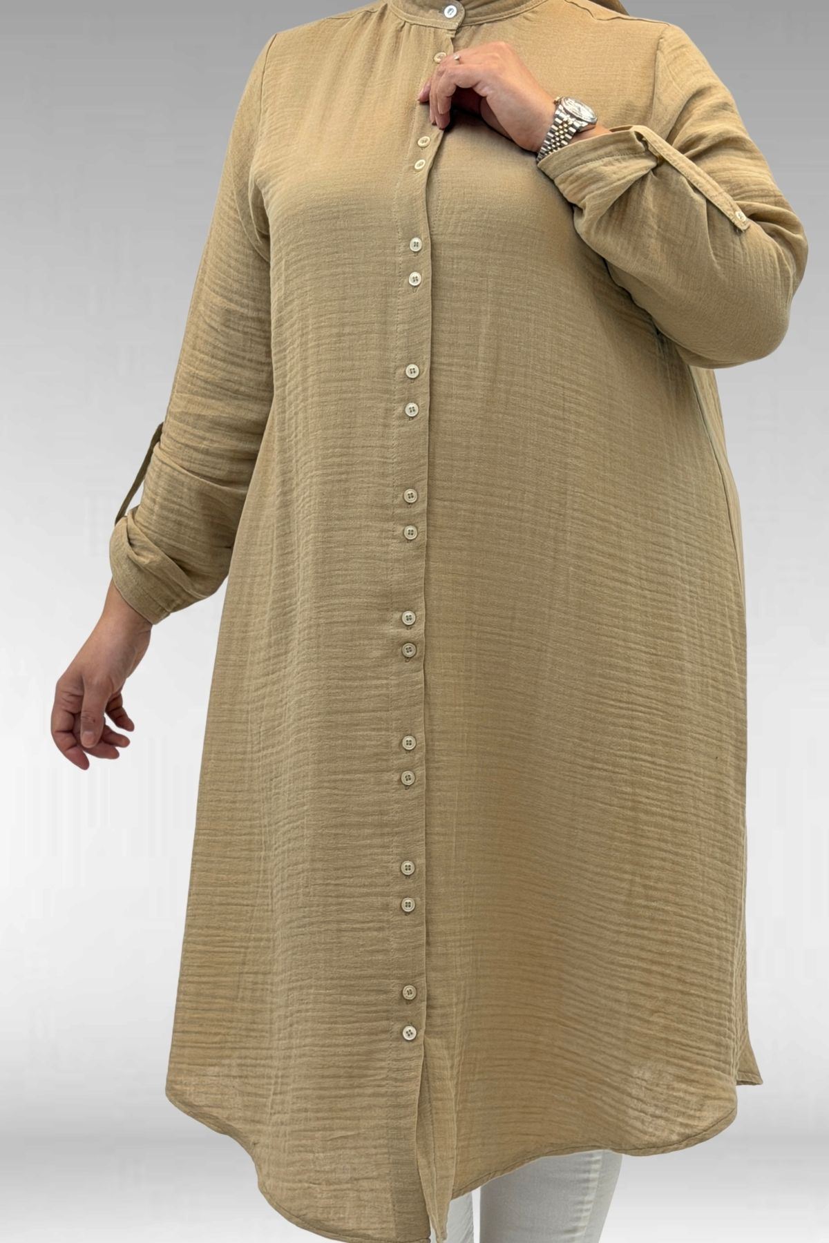 58092 Büyük Beden  Çift Düğme Detaylı Müslin Gömlek - Bej