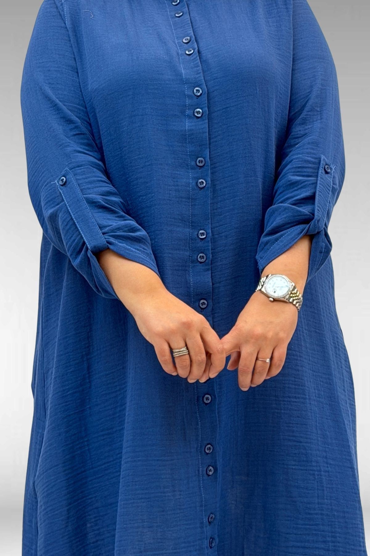 58092 Büyük Beden Çift Düğme Detaylı Müslin Gömlek - İndigo