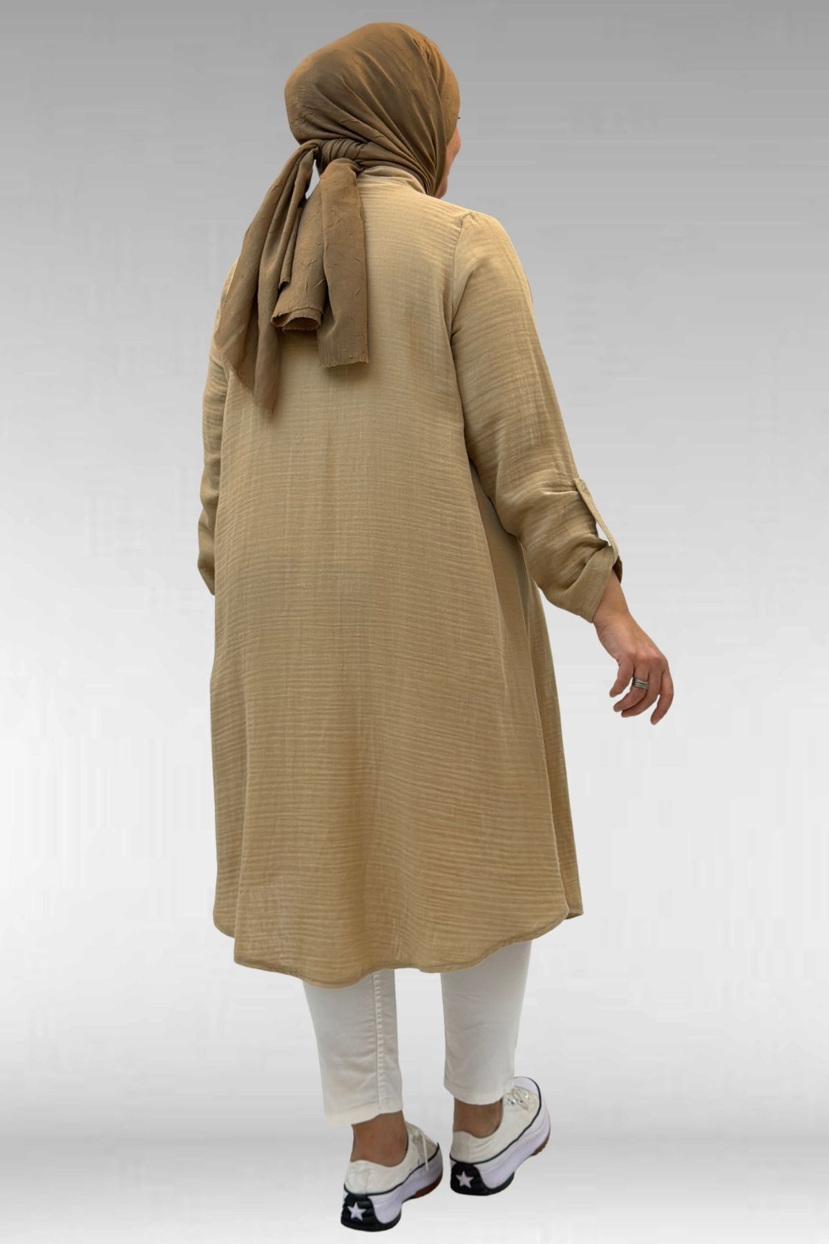 58092 Büyük Beden  Çift Düğme Detaylı Müslin Gömlek - Bej