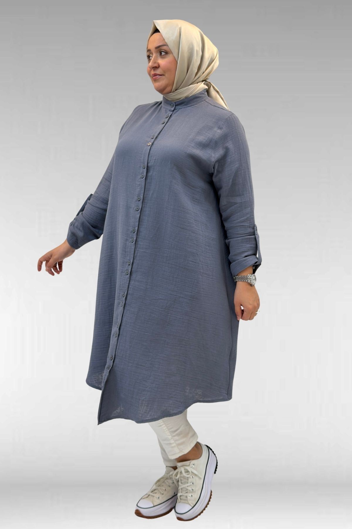 58092 Büyük Beden Çift Düğme Detaylı Müslin Gömlek - Antrasit