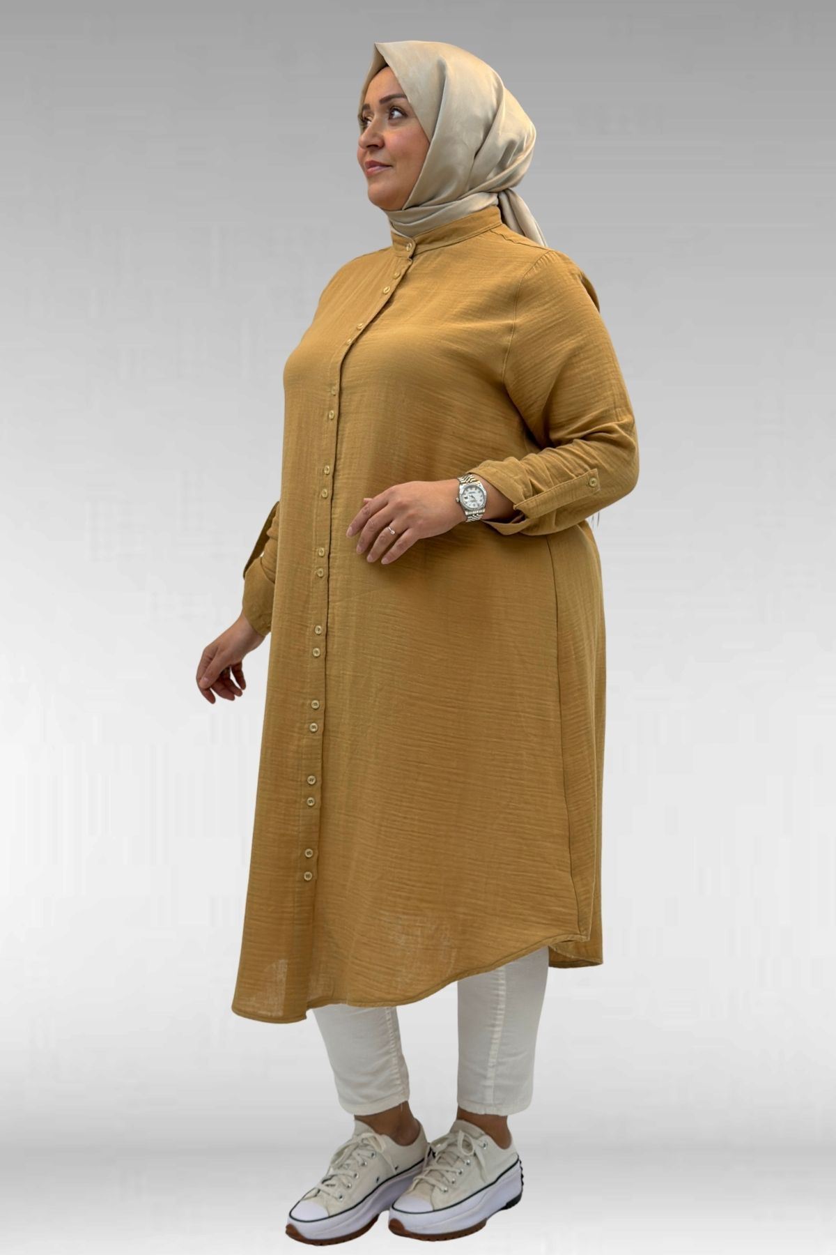 58092 Büyük Beden Çift Düğme Detaylı Müslin Gömlek - Bisküvi