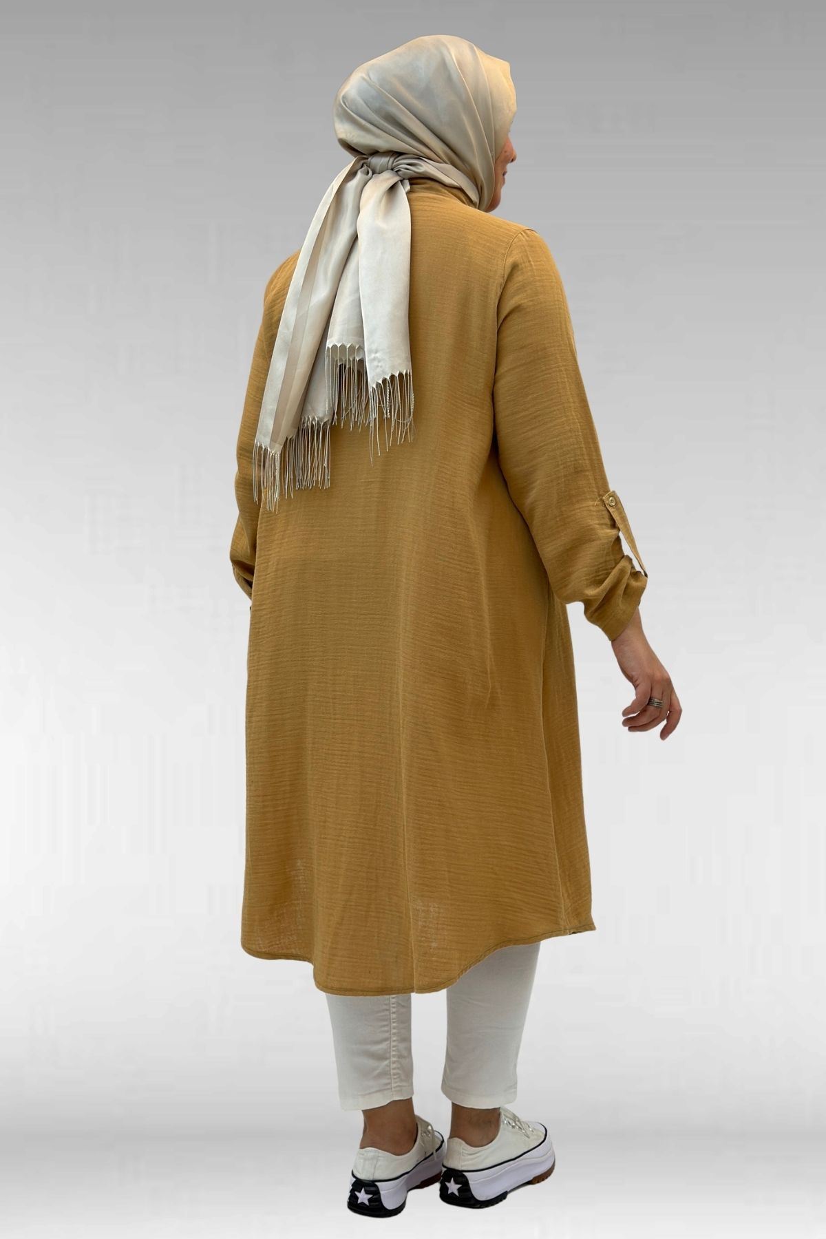 58092 Büyük Beden Çift Düğme Detaylı Müslin Gömlek - Bisküvi