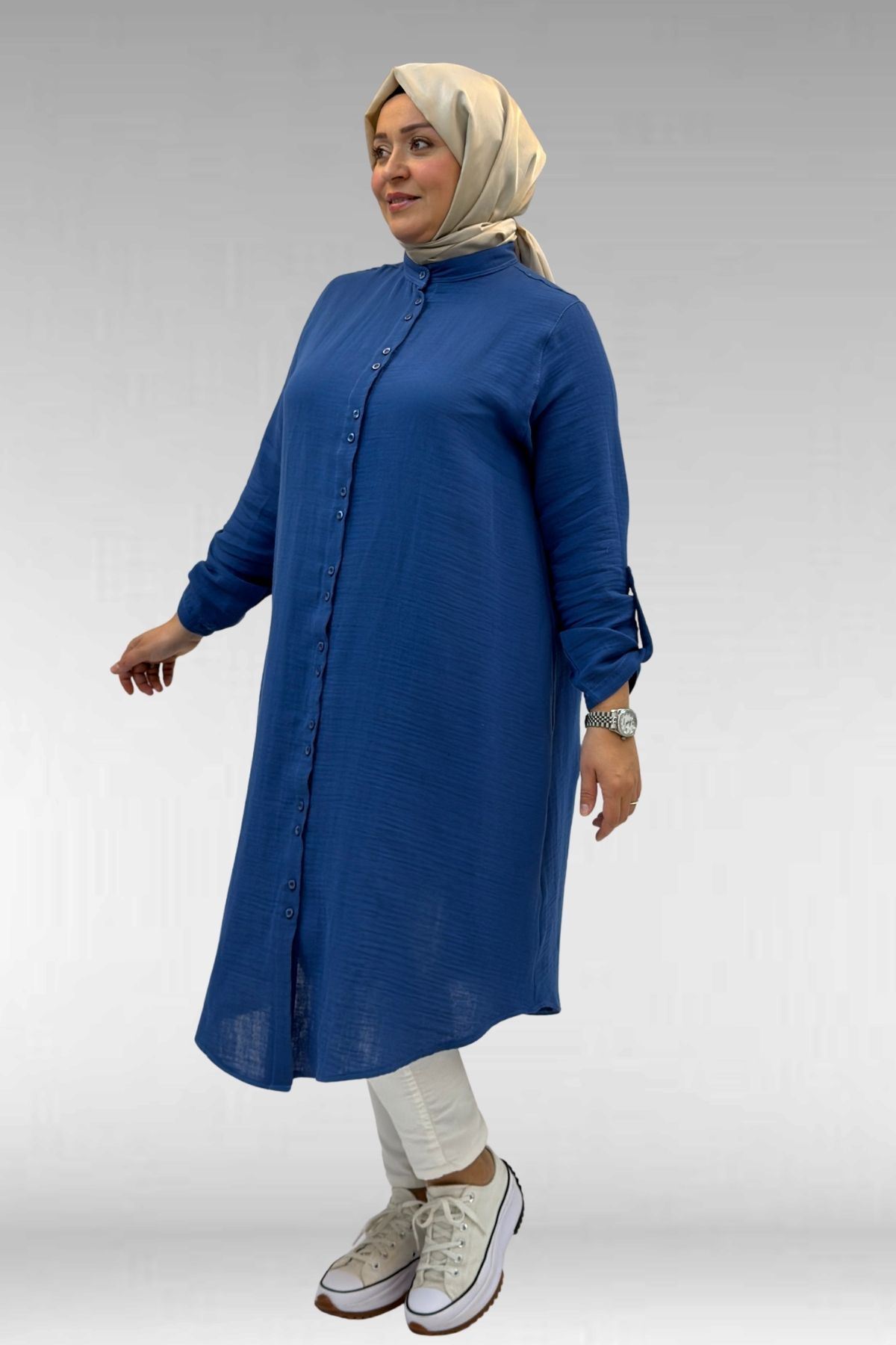 58092 Büyük Beden Çift Düğme Detaylı Müslin Gömlek - İndigo