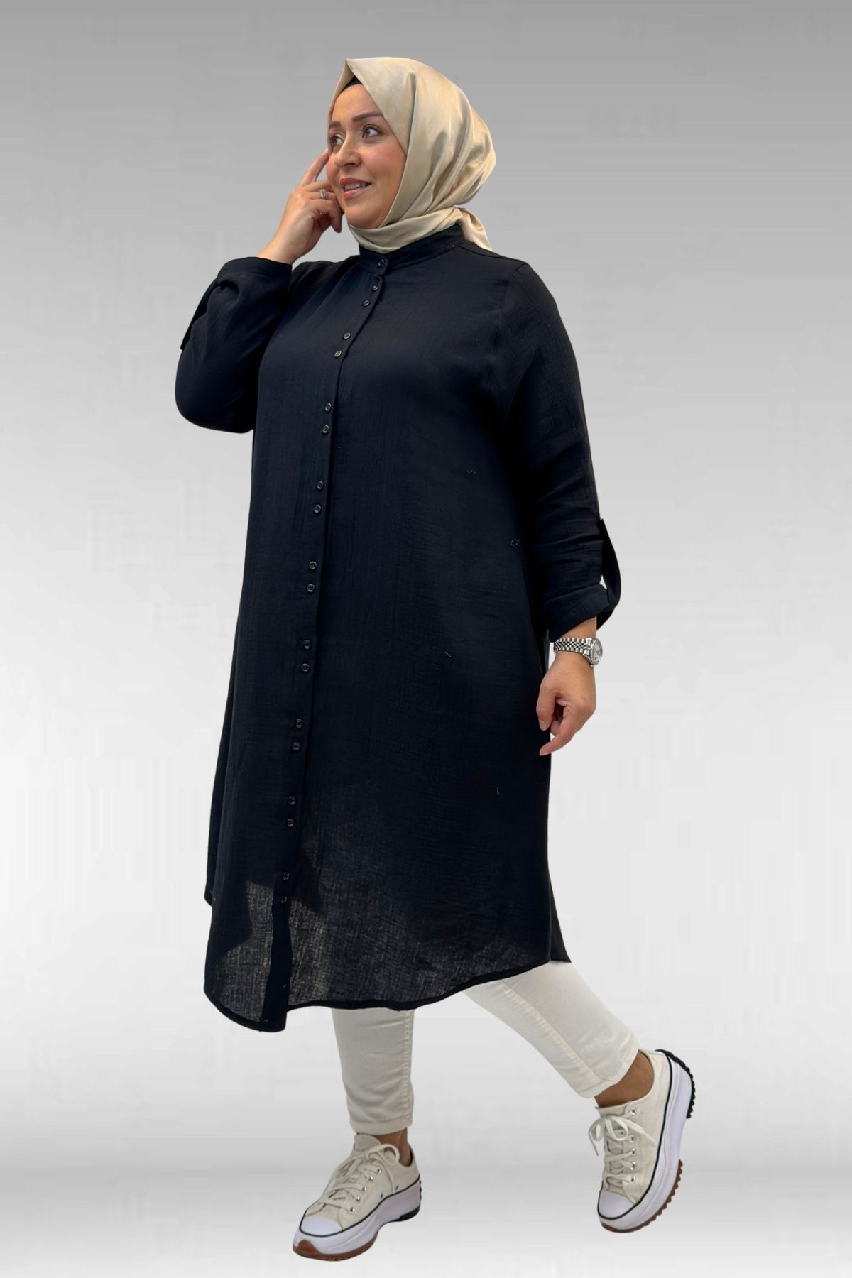 58092 Büyük Beden  Çift Düğme Detaylı Müslin Gömlek - Siyah