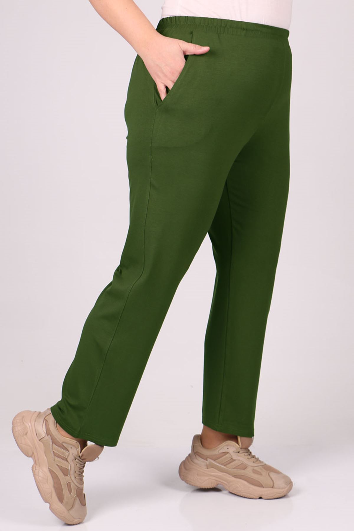 39001 Büyük Beden Yüksek Beli Lastikli Penye Pantolon - Haki
