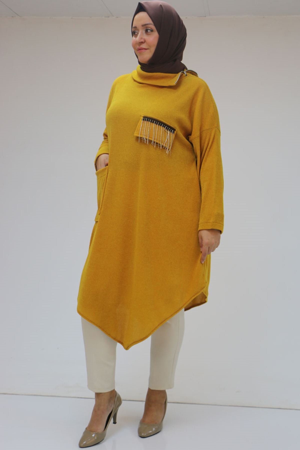 48095 Büyük Beden Yakası Fermuar Detaylı Mir Tunik - Hardal
