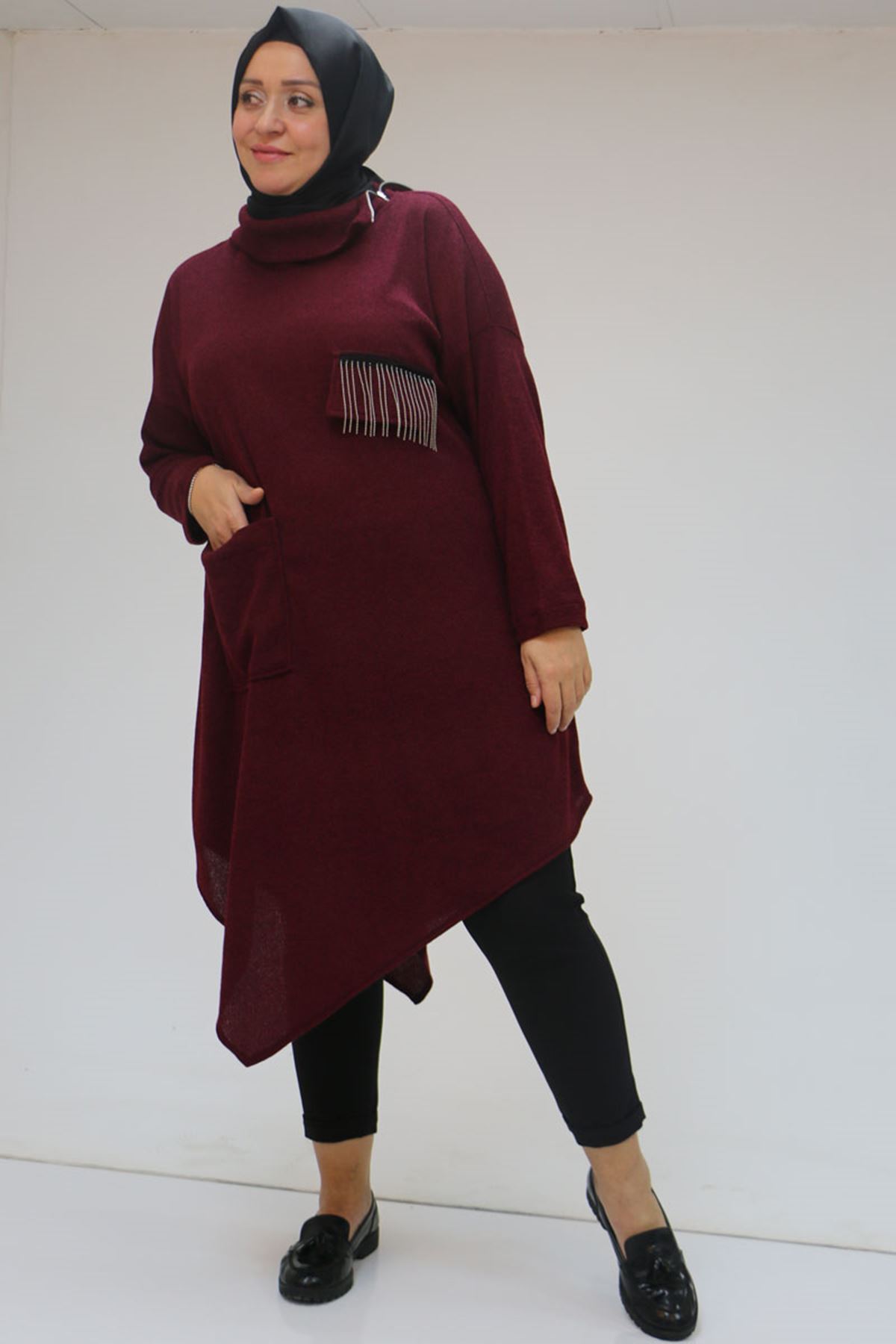 48095 Büyük Beden Yakası Fermuar Detaylı Mir Tunik - Bordo