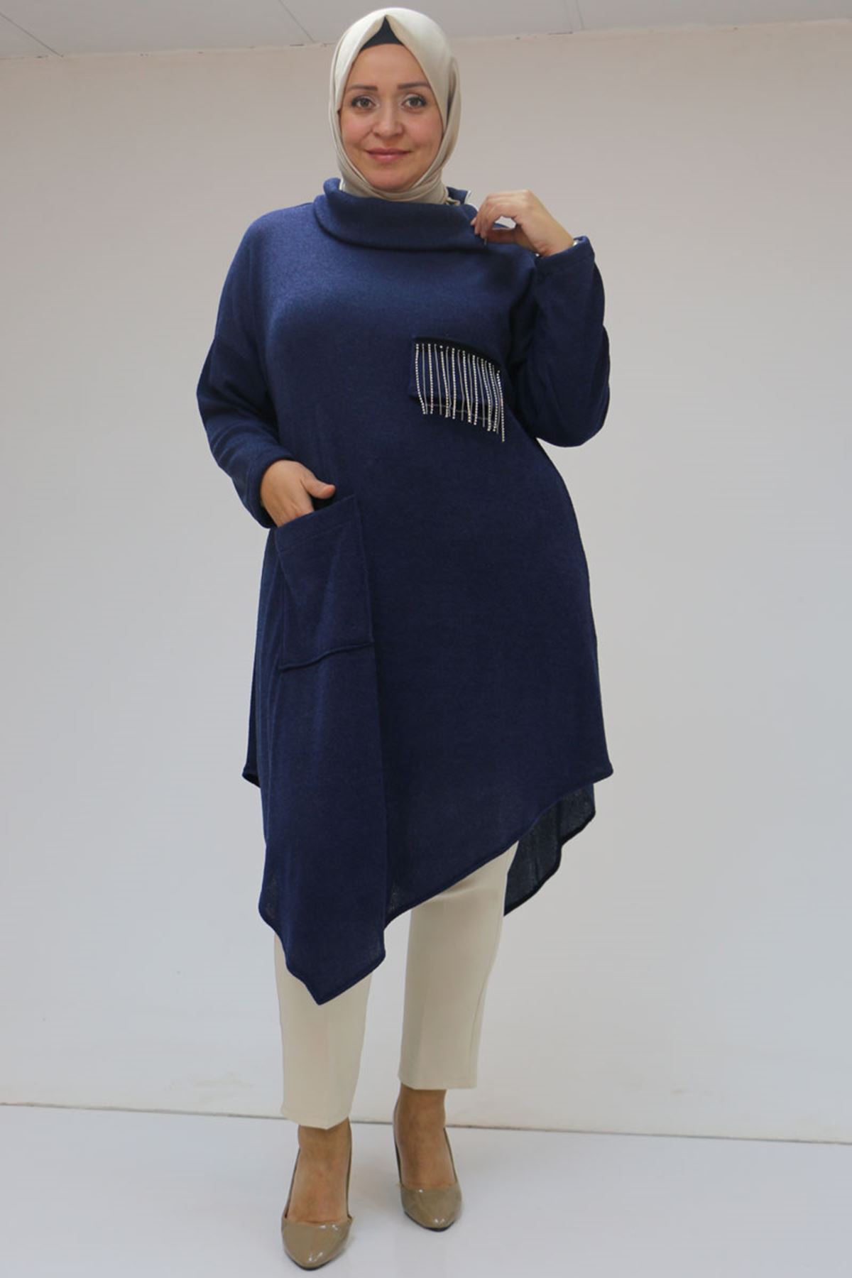 48095 Büyük Beden Yakası Fermuar Detaylı Mir Tunik - İndigo