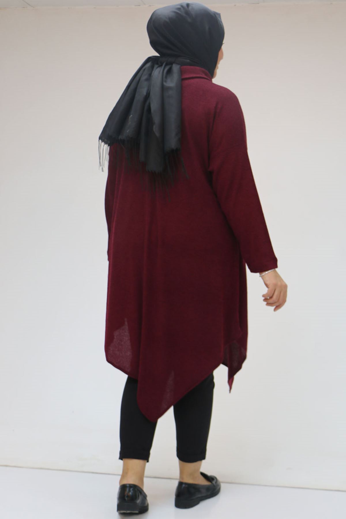 48095 Büyük Beden Yakası Fermuar Detaylı Mir Tunik - Bordo