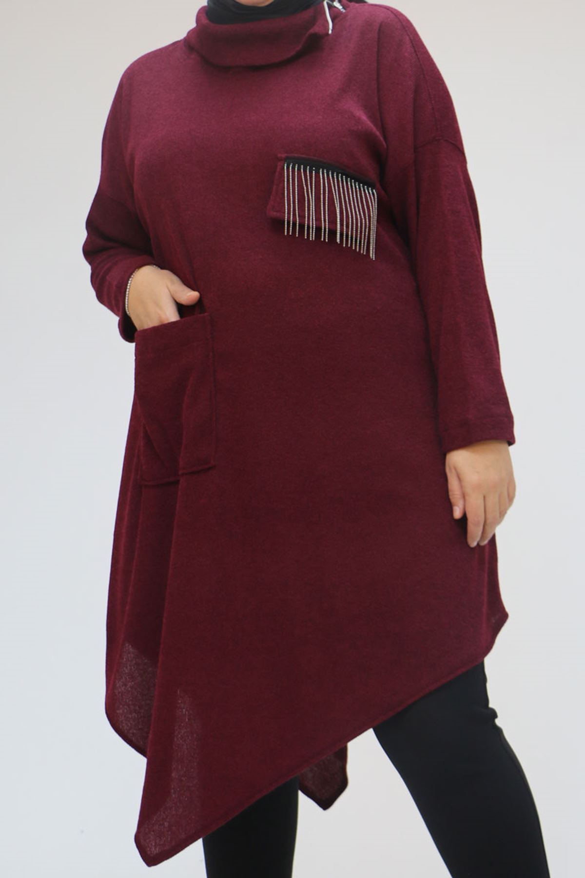 48095 Büyük Beden Yakası Fermuar Detaylı Mir Tunik - Bordo