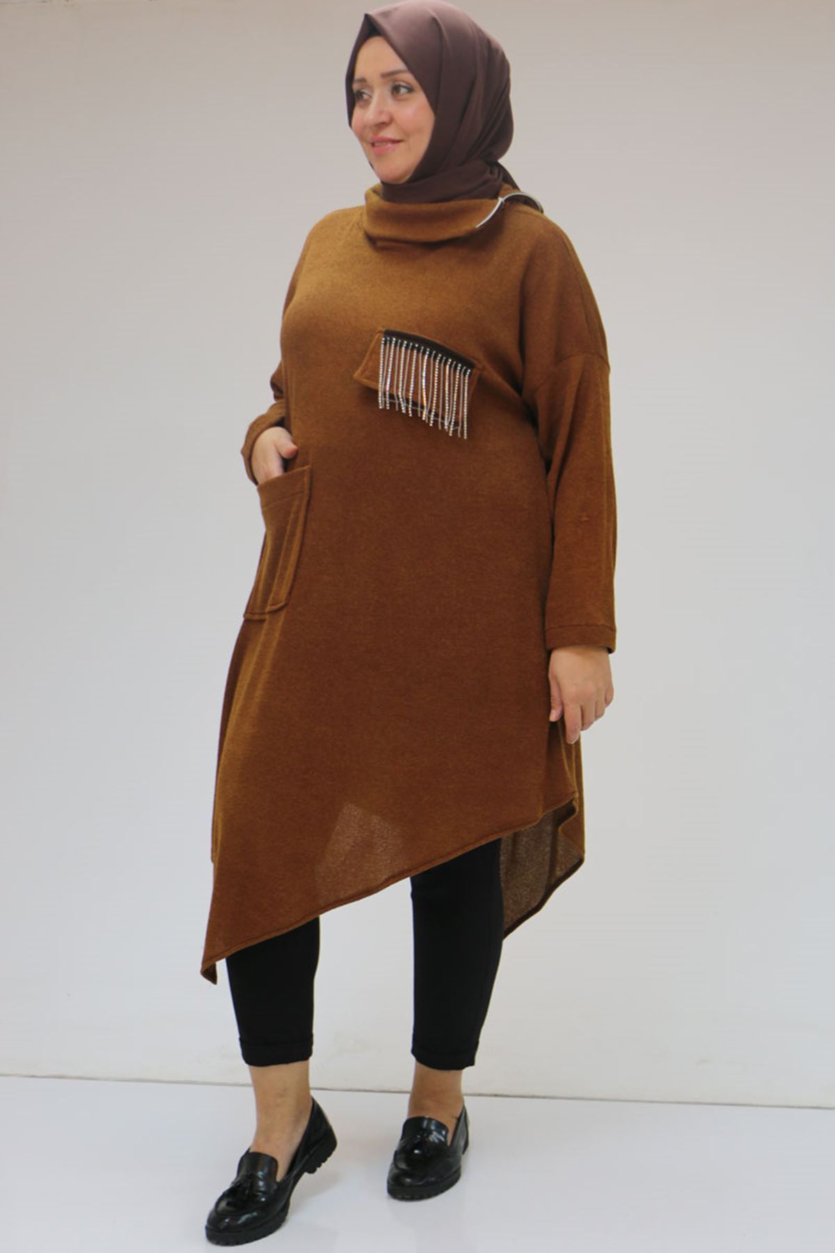 48095 Büyük Beden Yakası Fermuar Detaylı Mir Tunik - Taba