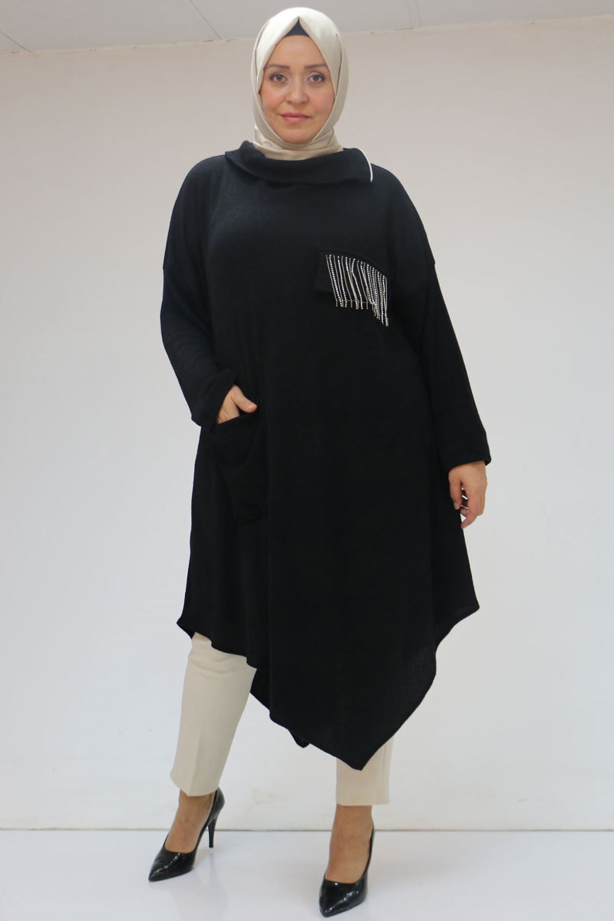 48095 Büyük Beden Yakası Fermuar Detaylı Mir Tunik - Siyah