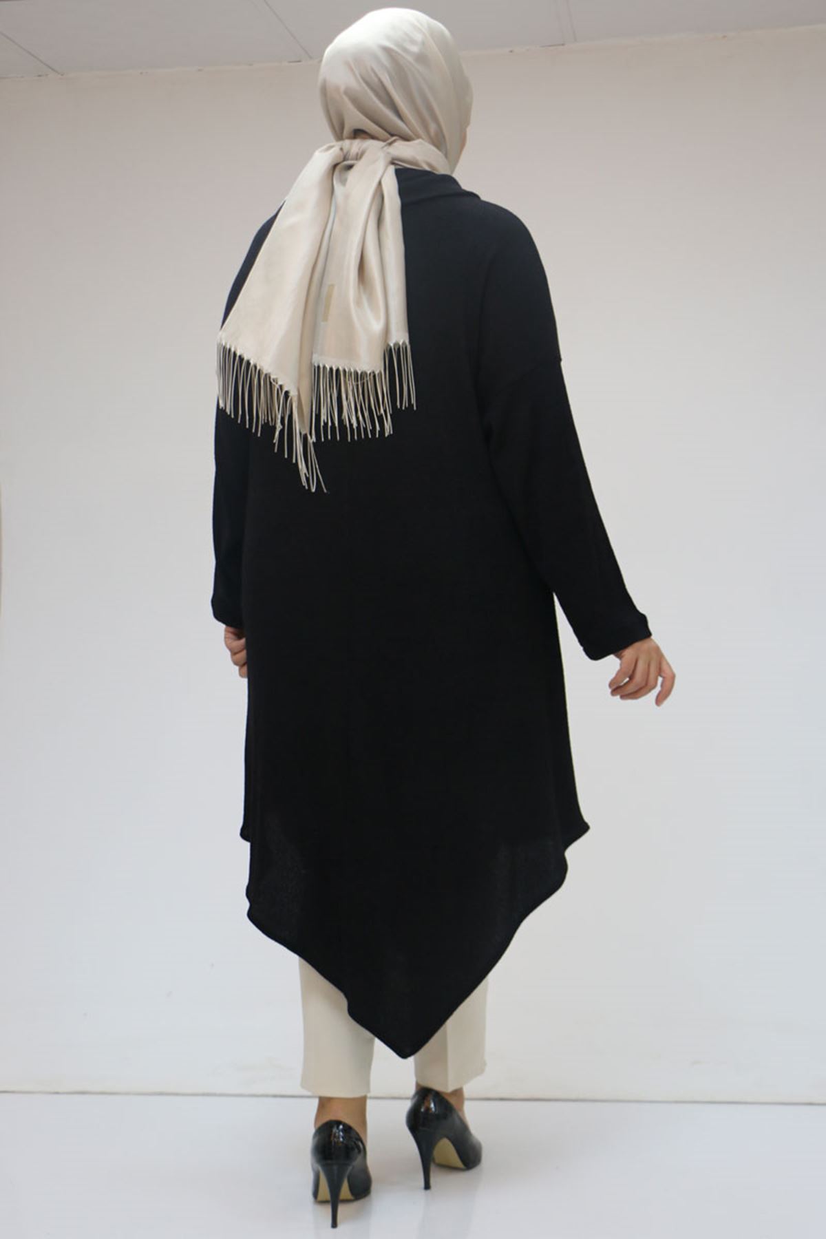 48095 Büyük Beden Yakası Fermuar Detaylı Mir Tunik - Siyah