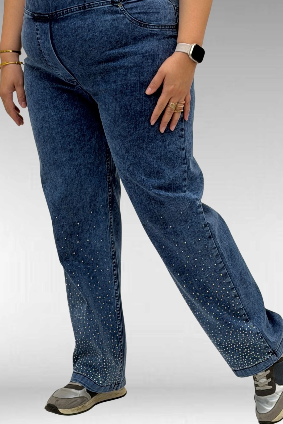 69001 Büyük Beden Beli Lastikli Sahte Cepli Taşlı Kot Pantolon - Lacivert