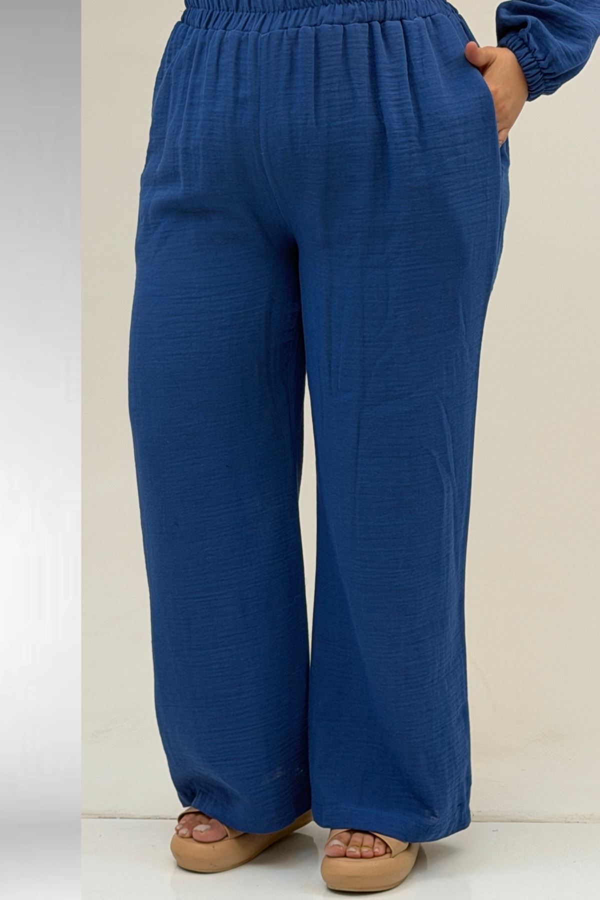 67016 Büyük Beden Kol Ve Etek Ucu Lastik Detaylı Müslin Pantolonlu Takım - İndigo