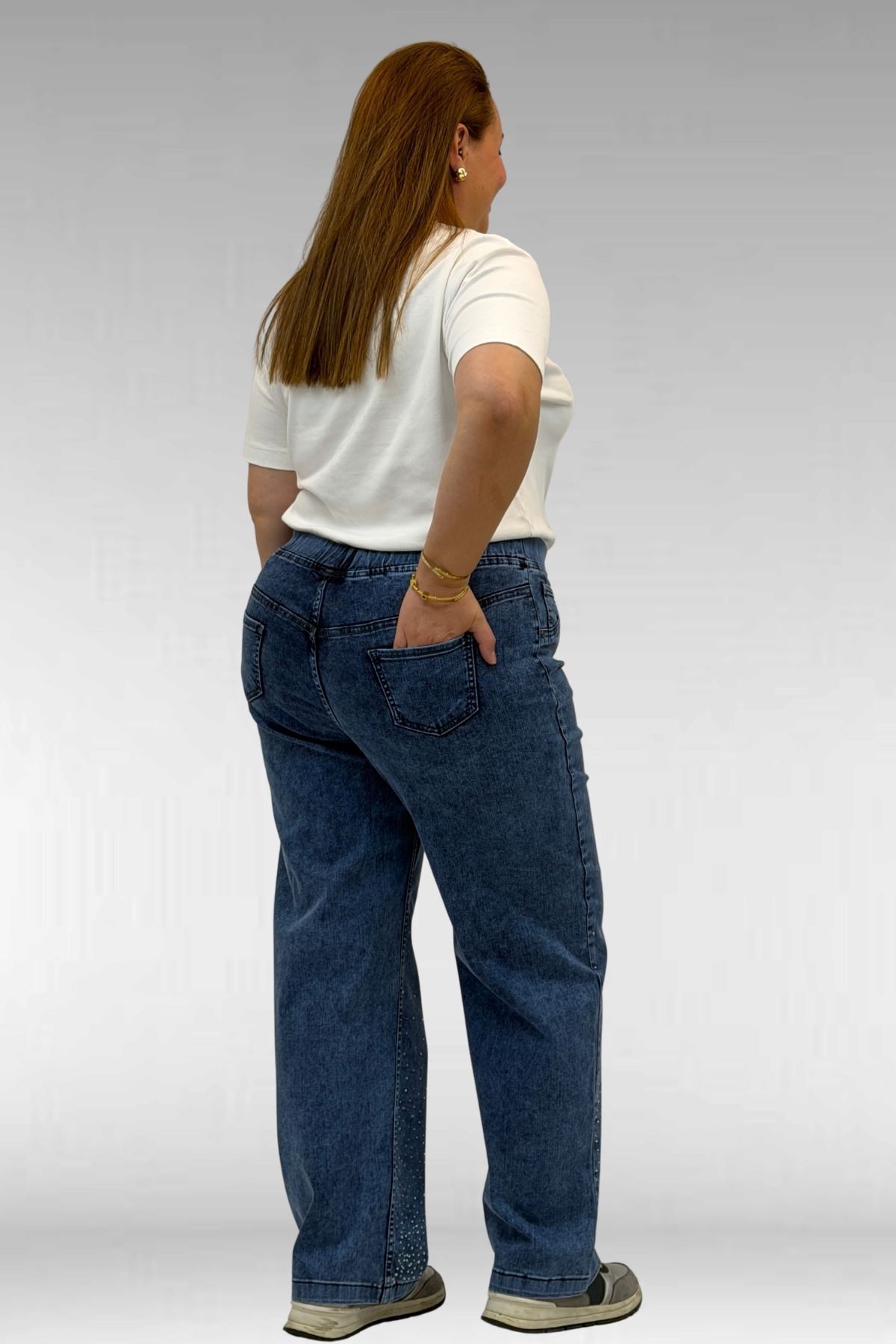 69001 Büyük Beden Beli Lastikli Sahte Cepli Taşlı Kot Pantolon - Lacivert