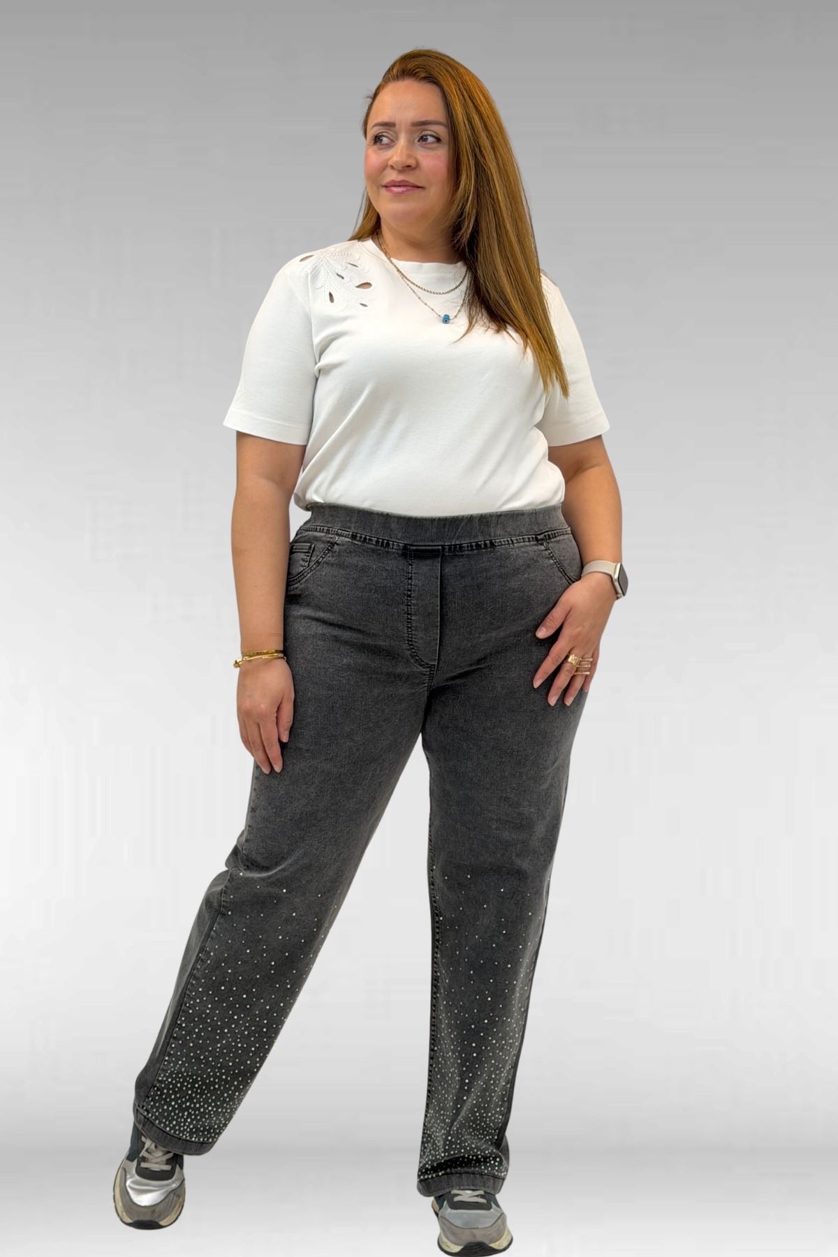 69001 Büyük Beden Beli Lastikli Sahte Cepli Taşlı Kot Pantolon - Siyah