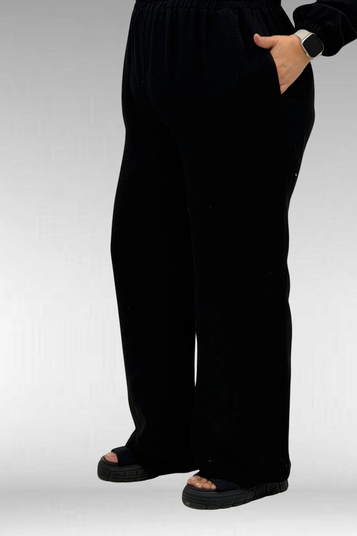 67016 Büyük Beden Kol Ve Etek Ucu Lastik Detaylı Müslin Pantolonlu Takım - Siyah
