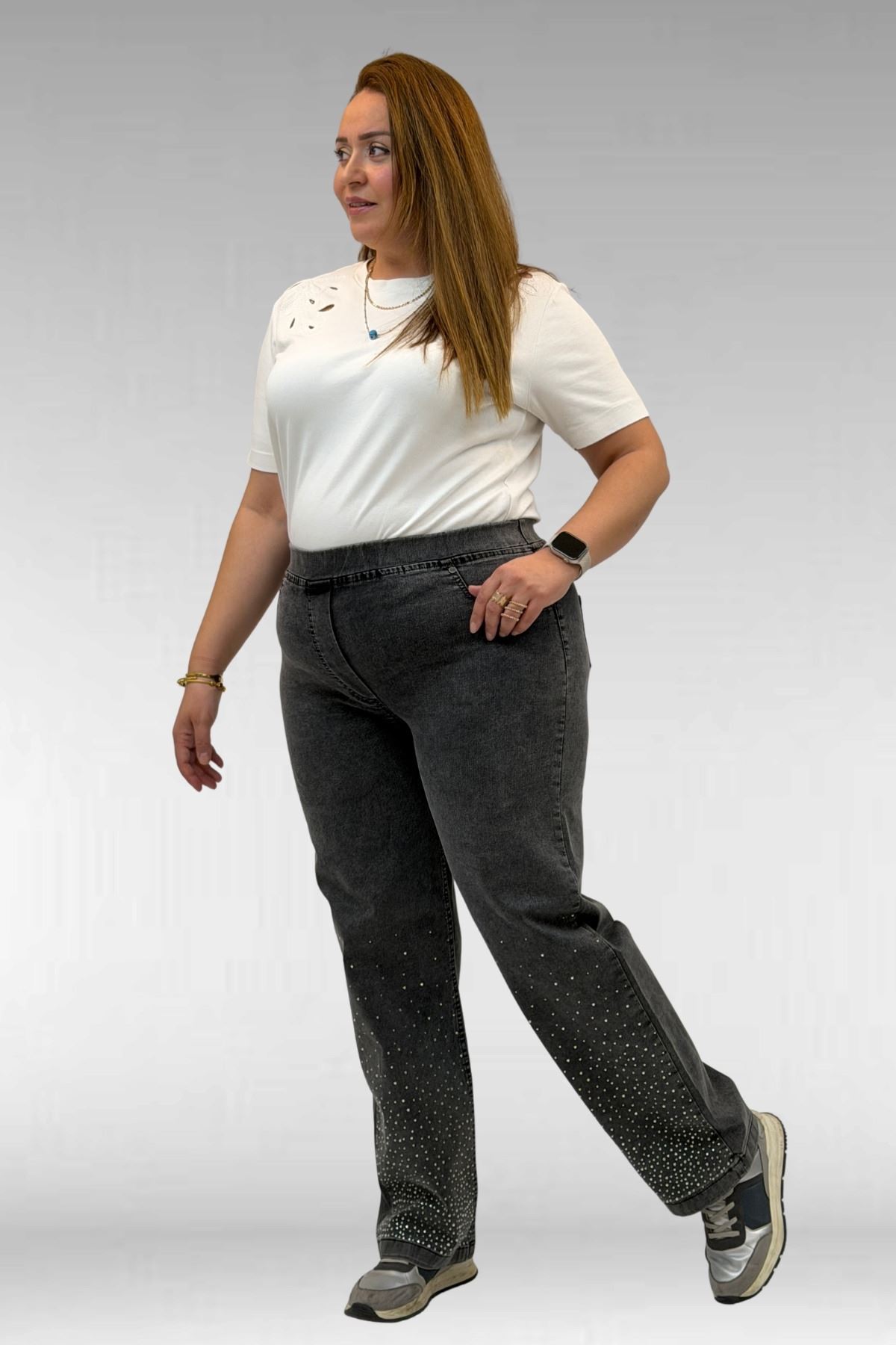 69001 Büyük Beden Beli Lastikli Sahte Cepli Taşlı Kot Pantolon - Siyah