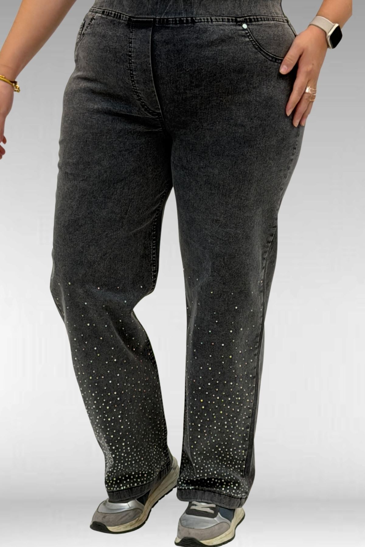 69001 Büyük Beden Beli Lastikli Sahte Cepli Taşlı Kot Pantolon - Siyah