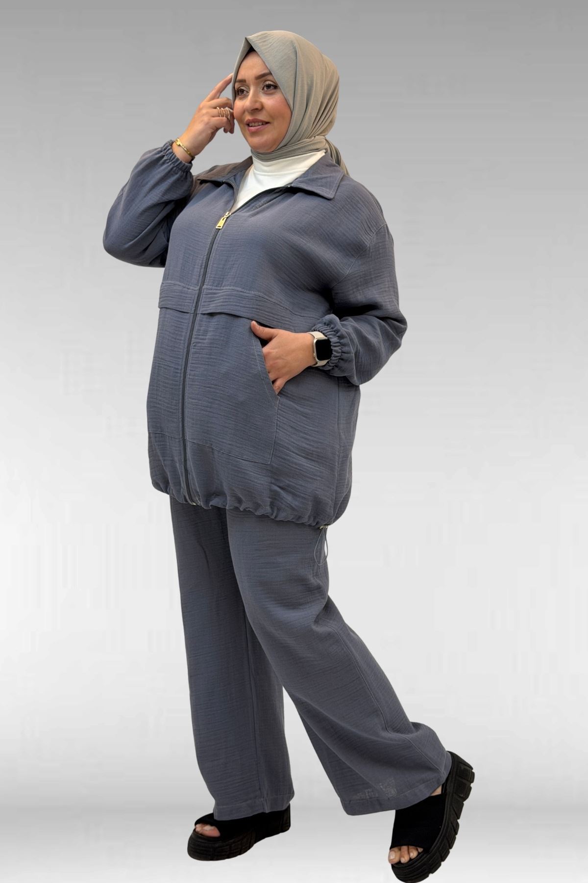 67016 Büyük Beden Kol Ve Etek Ucu Lastik Detaylı Müslin Pantolonlu Takım - Antrasit